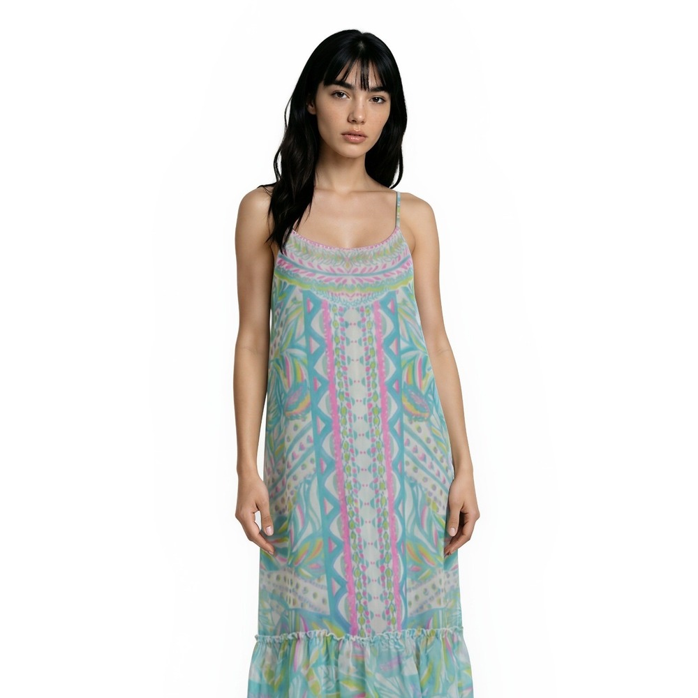 Lilly Pulitzer Maxi Dress Women's Size XS Blue Pink Tropical Geo Ruffle